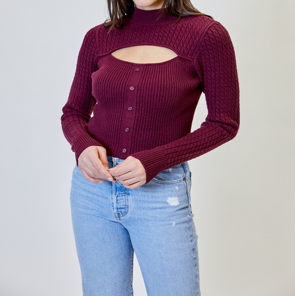 Design History Sweaters - Design History Mock Turtleneck Sweater with Front Cutout - Sangria New